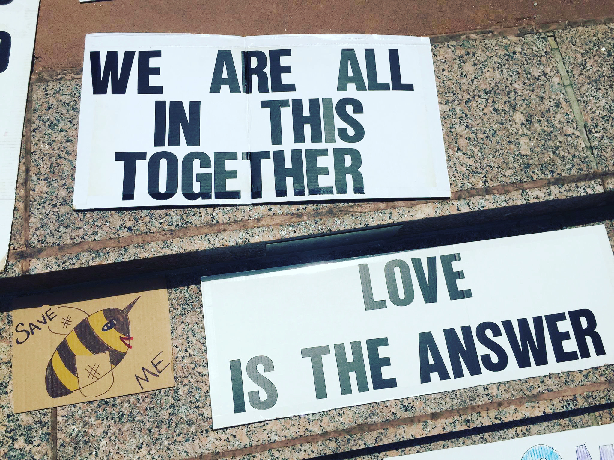 Cardboard signs reading 'We Are All In This Together' and 'Love Is The Answer' resting on granite at the March Against Monsanto, Orlando, Florida, 2015